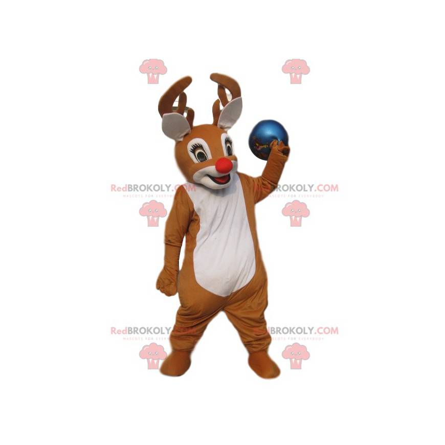 reindeer mascot with a beautiful red nose and a blue balloon -