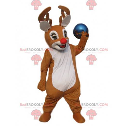 reindeer mascot with a beautiful red nose and a blue balloon -