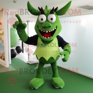 Olive Devil mascot costume character dressed with a Polo Shirt and Shoe clips