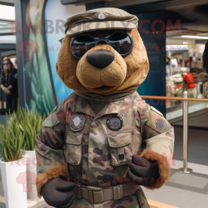 Brown Navy Seal mascot costume character dressed with a Swimwear and Scarves