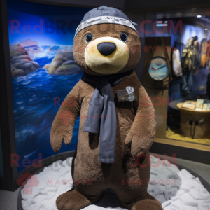 Brown Navy Seal mascot costume character dressed with a Swimwear and Scarves