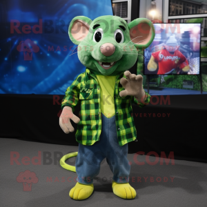 Lime Green Rat mascot costume character dressed with a Flannel Shirt and Shoe laces