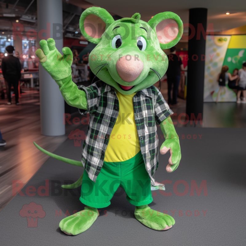 Lime Green Rat mascot costume character dressed with a Flannel Shirt and Shoe laces