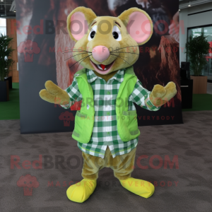 Lime Green Rat mascot costume character dressed with a Flannel Shirt and Shoe laces