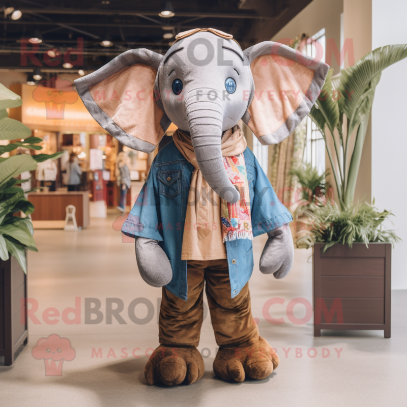 Brown Elephant mascot costume character dressed with a Chambray Shirt and Scarves