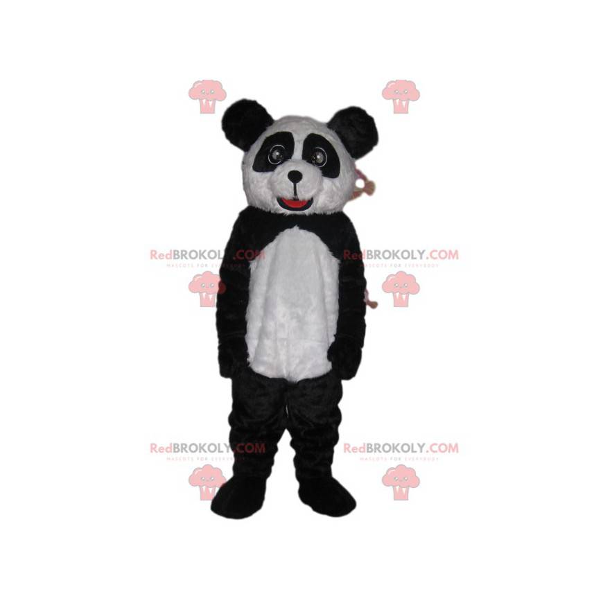 Mascotte panda in bianco e nero con begli occhi e un bel