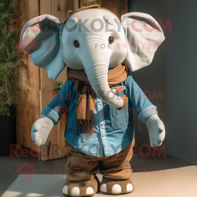 Brown Elephant mascot costume character dressed with a Chambray Shirt and Scarves