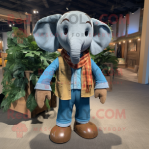 Brown Elephant mascot costume character dressed with a Chambray Shirt and Scarves