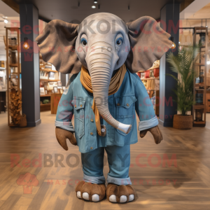 Brown Elephant mascot costume character dressed with a Chambray Shirt and Scarves