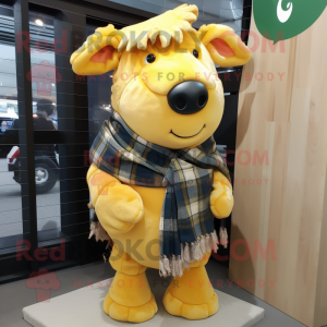 Yellow Beef Wellington mascot costume character dressed with a Flannel Shirt and Scarf clips