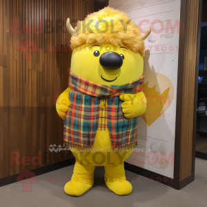 Yellow Beef Wellington mascot costume character dressed with a Flannel Shirt and Scarf clips