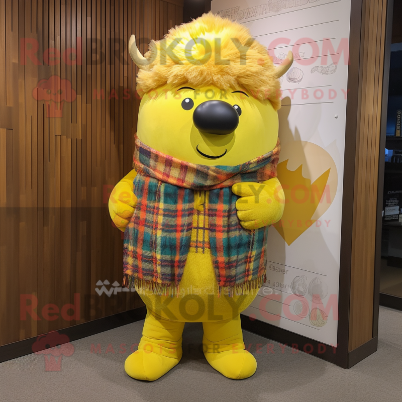 Yellow Beef Wellington mascot costume character dressed with a Flannel Shirt and Scarf clips