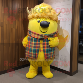 Yellow Beef Wellington mascot costume character dressed with a Flannel Shirt and Scarf clips