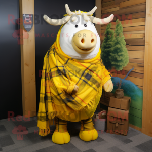 Yellow Beef Wellington mascot costume character dressed with a Flannel Shirt and Scarf clips