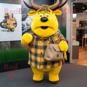 Yellow Beef Wellington mascot costume character dressed with a Flannel Shirt and Scarf clips