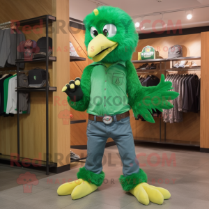 Green Eagle mascot costume character dressed with a Flare Jeans and Shoe clips