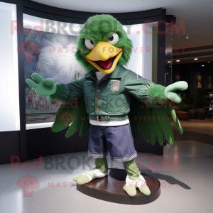 Green Eagle mascot costume character dressed with a Flare Jeans and Shoe clips