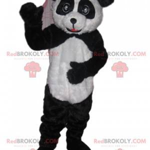 Mascote panda preto e branco com olhos lindos e um sorriso