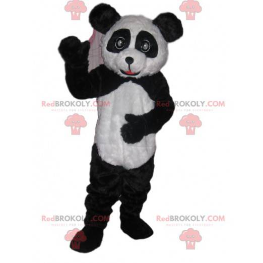 Mascote panda preto e branco com olhos lindos e um sorriso