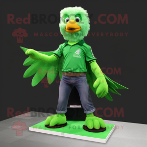 Green Eagle mascot costume character dressed with a Flare Jeans and Shoe clips