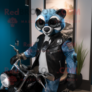 Blue Civet mascot costume character dressed with a Biker Jacket and Ties