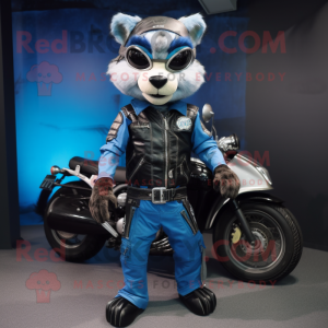 Blue Civet mascot costume character dressed with a Biker Jacket and Ties