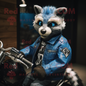 Blue Civet mascot costume character dressed with a Biker Jacket and Ties