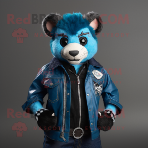 Blue Civet mascot costume character dressed with a Biker Jacket and Ties