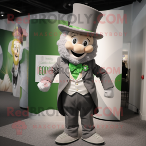 Gray Leprechaun mascot costume character dressed with a Dress Shirt and Lapel pins