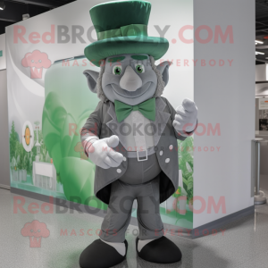 Gray Leprechaun mascot costume character dressed with a Dress Shirt and Lapel pins