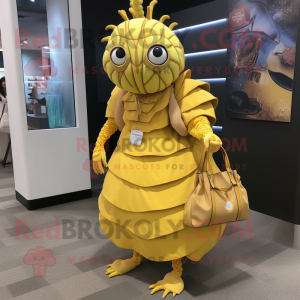 Yellow Trilobite mascot costume character dressed with a Maxi Dress and Handbags