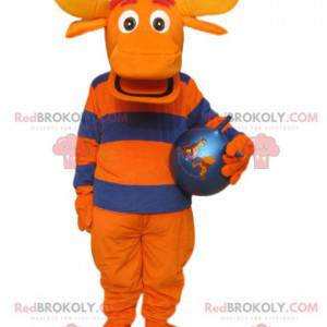 orange and blue deer mascot with large antlers and a balloon -