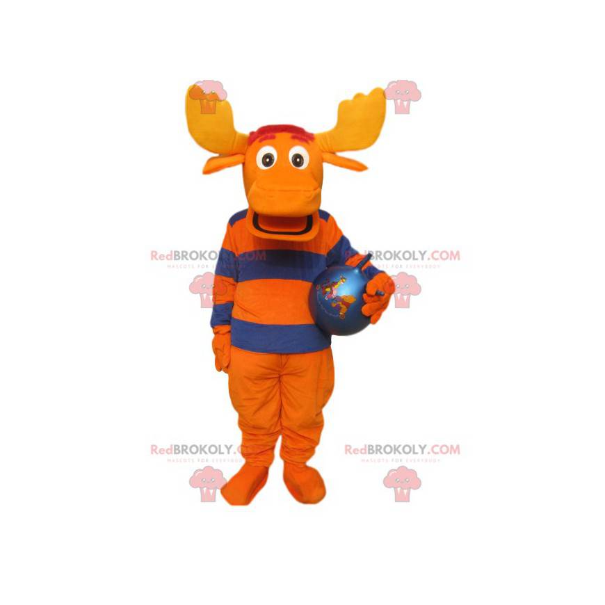 mascotte cervo arancione e blu con grandi corna e un palloncino