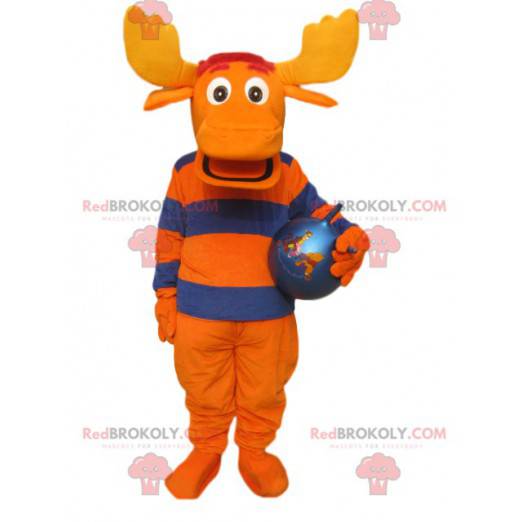 mascota de venado naranja y azul con grandes astas y un globo -