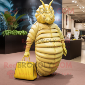 Yellow Trilobite mascot costume character dressed with a Maxi Dress and Handbags