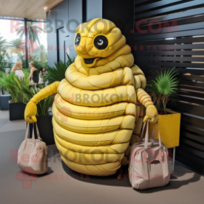 Yellow Trilobite mascot costume character dressed with a Maxi Dress and Handbags