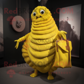 Yellow Trilobite mascot costume character dressed with a Maxi Dress and Handbags