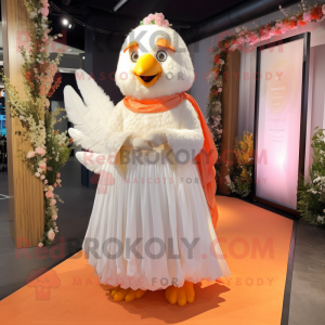Peach Fried Chicken mascot costume character dressed with a Wedding Dress and Shawls