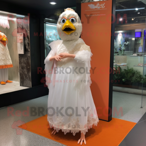 Peach Fried Chicken mascot costume character dressed with a Wedding Dress and Shawls