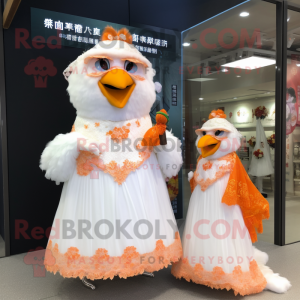 Peach Fried Chicken mascot costume character dressed with a Wedding Dress and Shawls