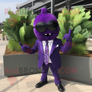 Purple Grape mascot costume character dressed with a Blazer and Sunglasses