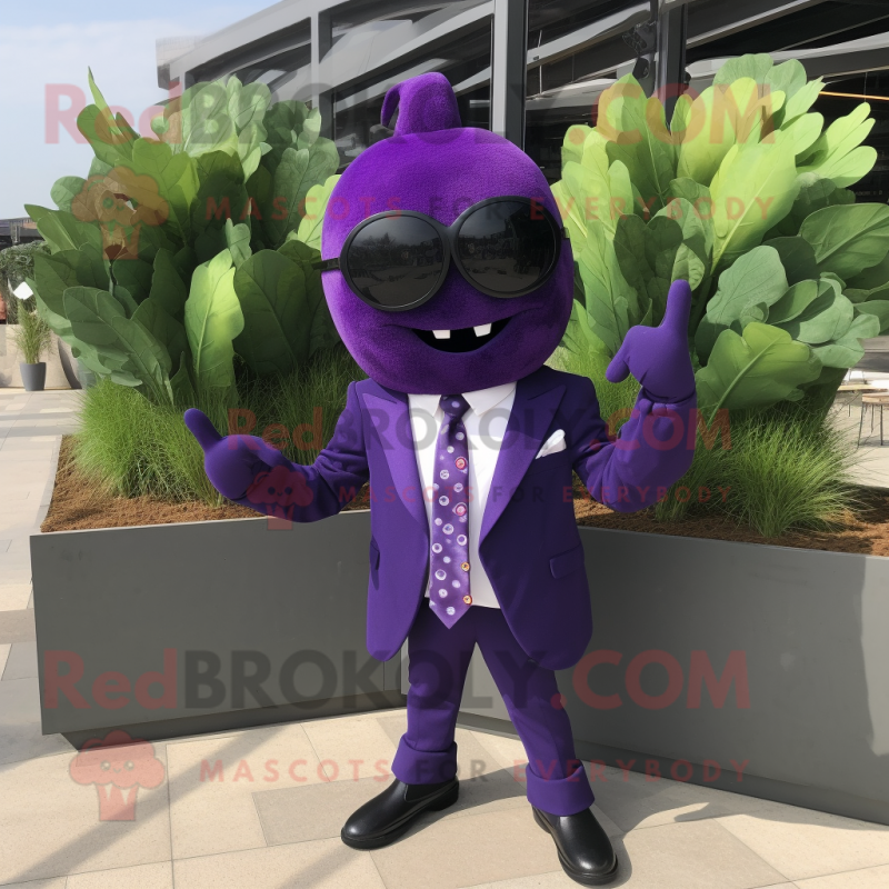 Purple Grape mascot costume character dressed with a Blazer and Sunglasses Purple Grape mascot costume character dressed with a Blazer and Sunglasses