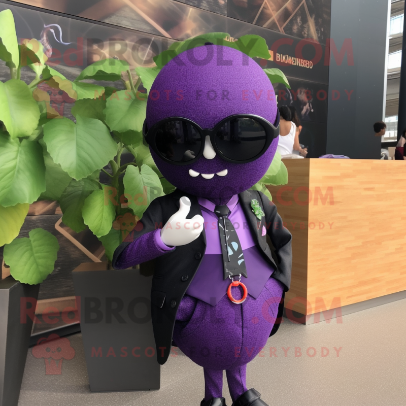 Purple Grape mascot costume character dressed with a Blazer and Sunglasses