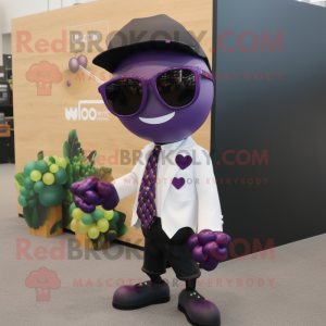 Purple Grape mascot costume character dressed with a Blazer and Sunglasses
