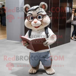 Gray Chipmunk mascot costume character dressed with a Graphic Tee and Reading glasses