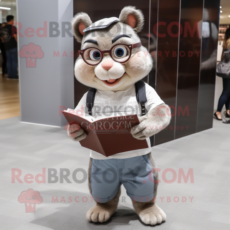 Gray Chipmunk mascot costume character dressed with a Graphic Tee and Reading glasses Gray Chipmunk mascot costume character dressed with a Graphic Tee and Reading glasses
