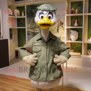 Olive Geese mascot costume character dressed with a Oxford Shirt and Bracelets