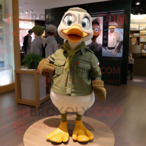 Olive Geese mascot costume character dressed with a Oxford Shirt and Bracelets