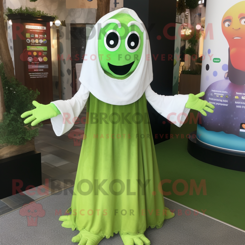 Olive Ghost mascot costume character dressed with a Midi Dress and Bracelet watches Olive Ghost mascot costume character dressed with a Midi Dress and Bracelet watches