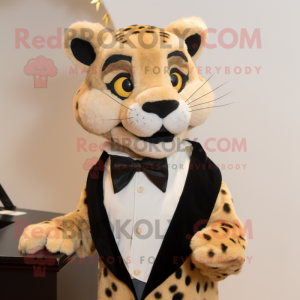 Tan Cheetah mascot costume character dressed with a Tuxedo and Mittens